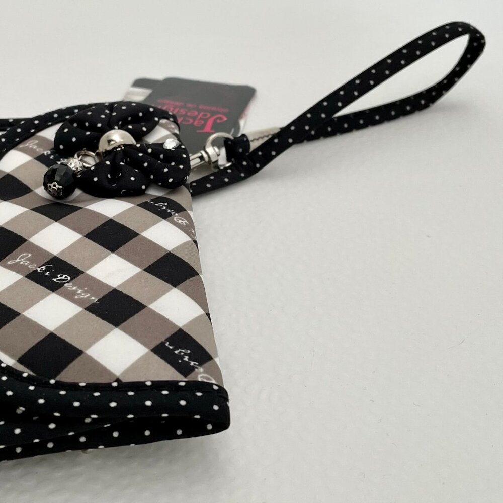 NWT JACKI DESIGN WRISTLET FLAPTOP WALLET COIN MAKEUP BLACK/WHITE BOW W/BEADS - Picture 6 of 11